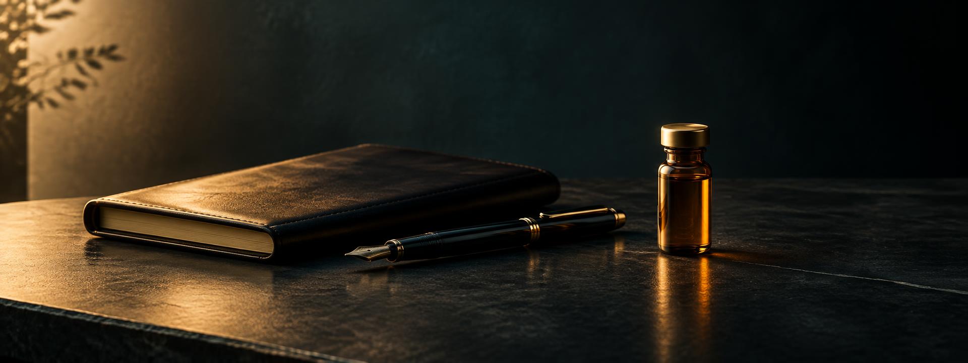 Notebook, pen and a single amber vial on a dark desk