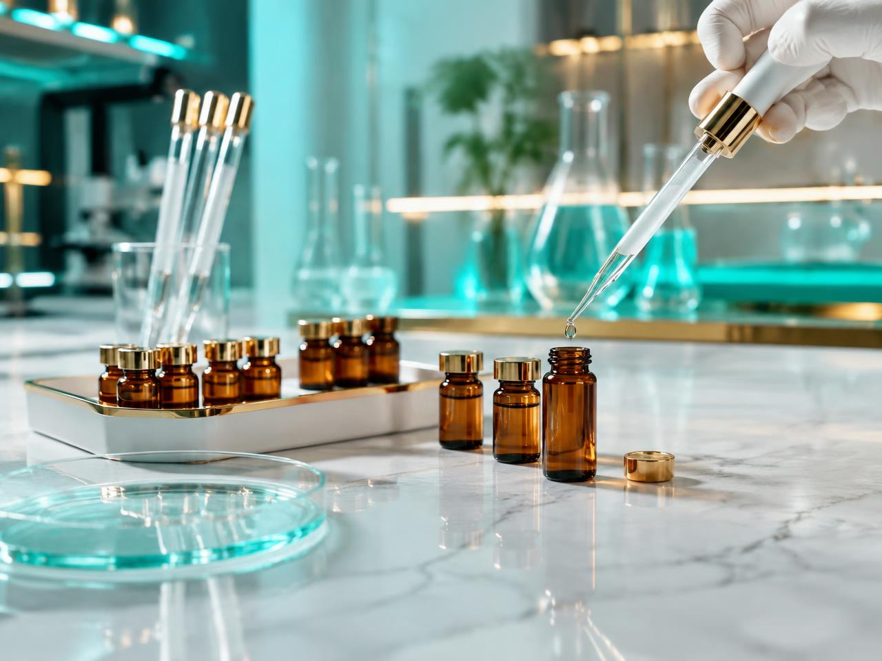 Amber glass vials on white marble in a clean lab